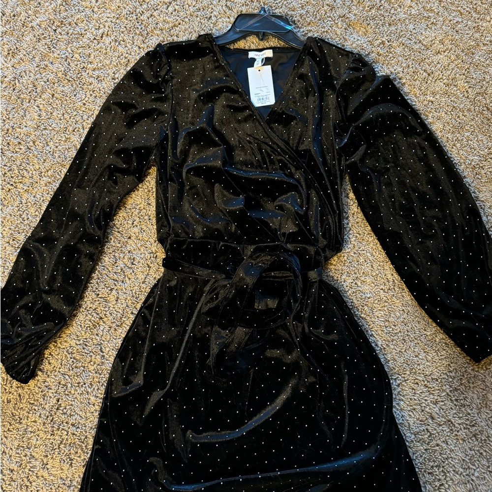 NWT Black Velvet Wrap Dress with Silver Beaded Accents